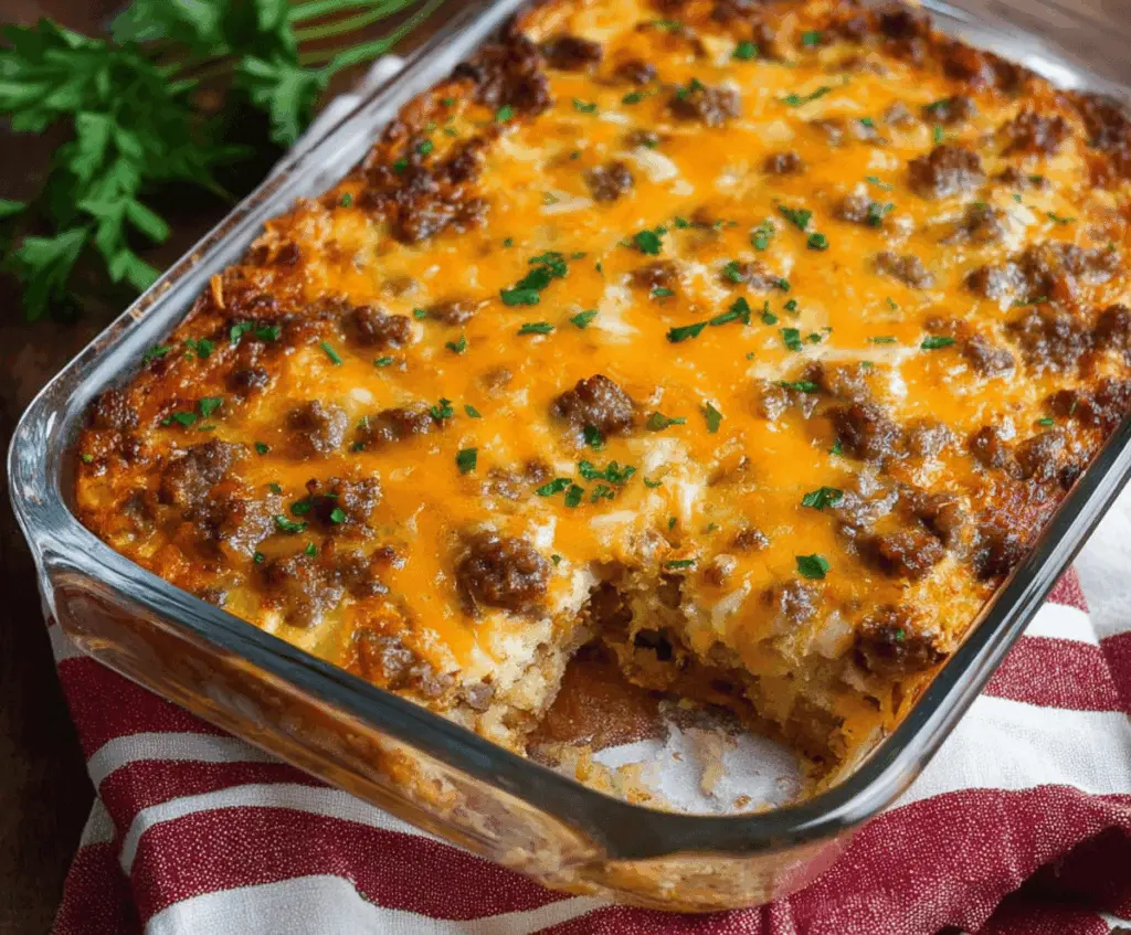 Delicious cheesy sausage and hashbrown breakfast casserole served in a baking dish
