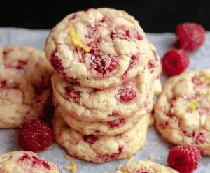 Delicious chewy lemon raspberry cookies with fresh berries and zesty lemon flavor.