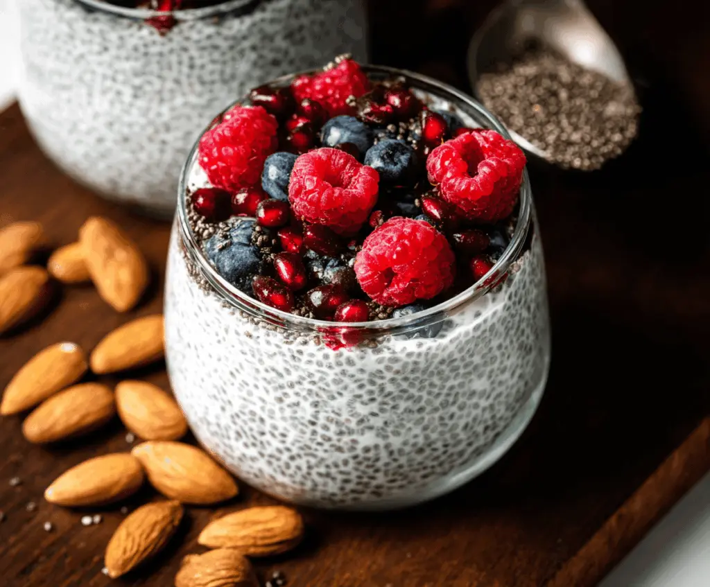 Creamy chia pudding with fresh berries and honey topping on a white plate.