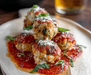 Delicious chicken parmesan meatballs topped with melted cheese and marinara sauce.