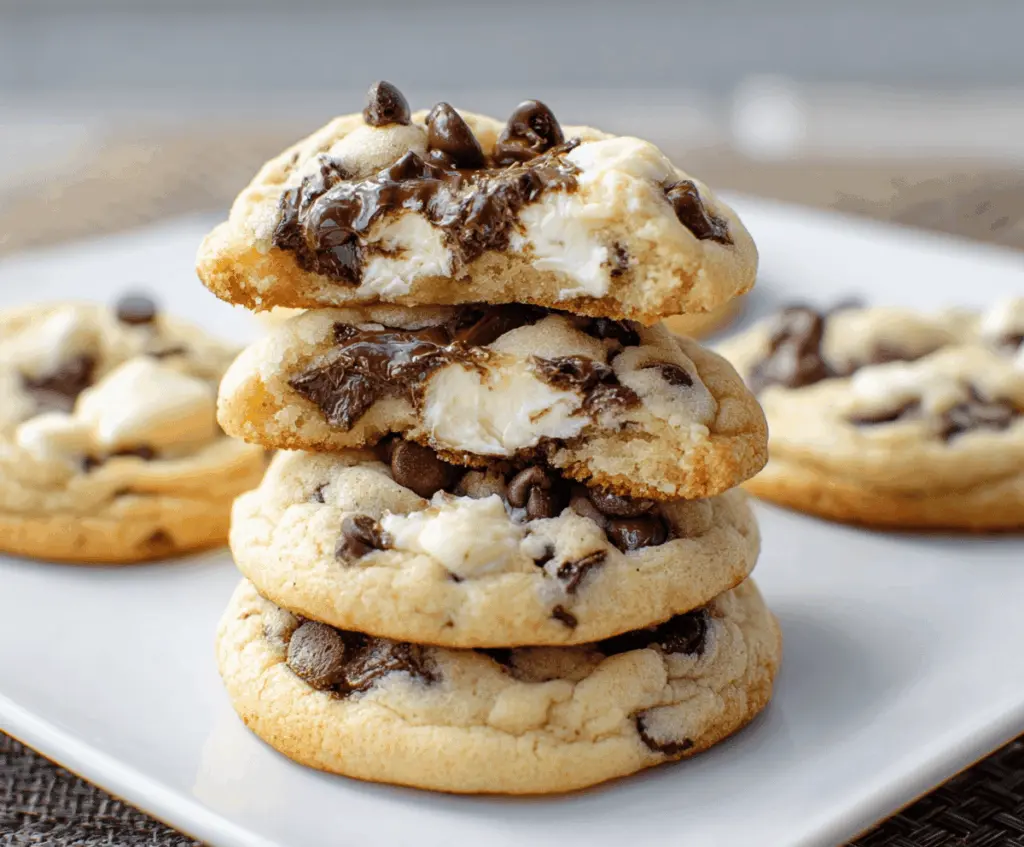 Delicious Chocolate Chip Cheesecake Cookies with creamy cheesecake filling and chocolate chips on top.