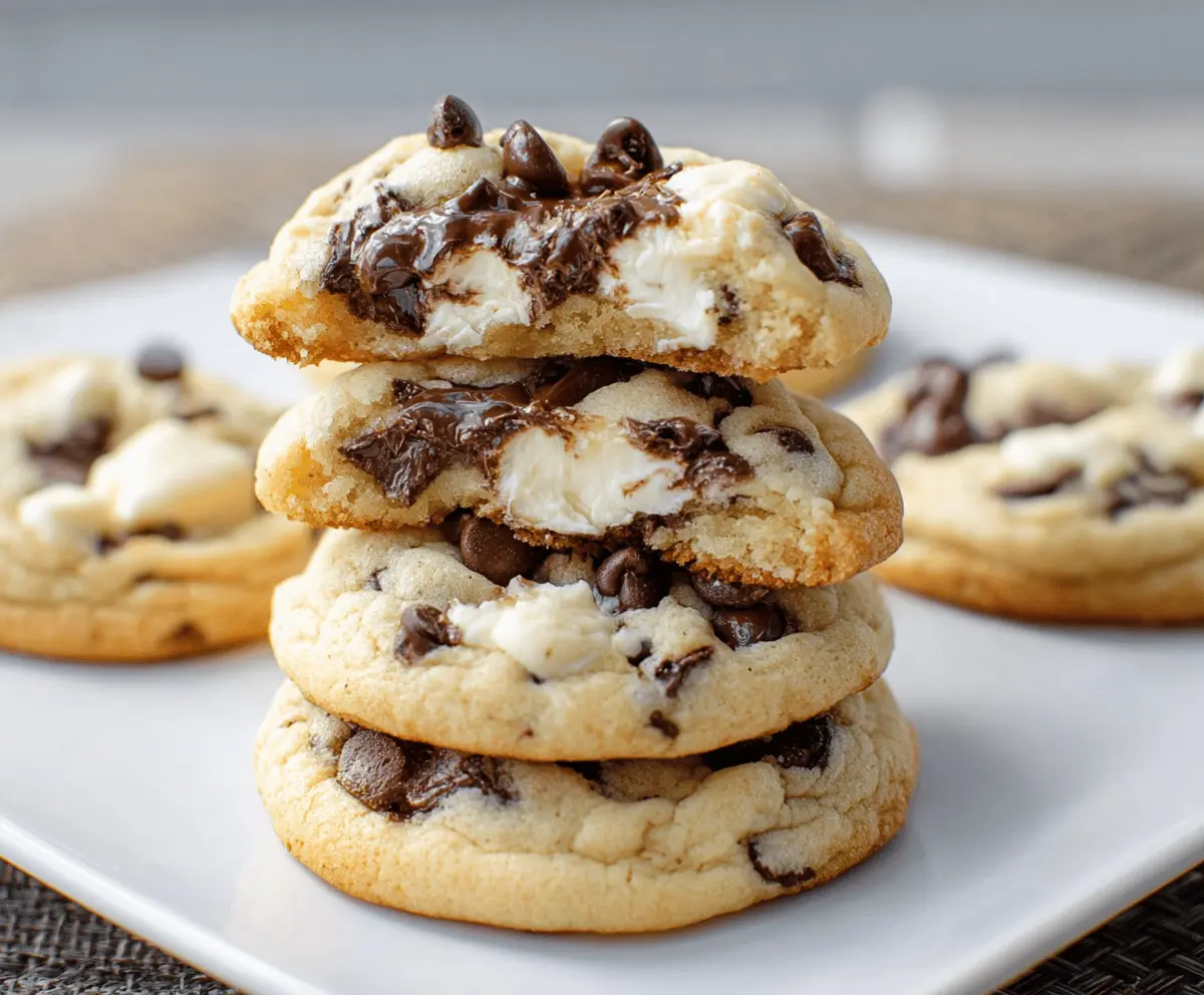 Delicious Chocolate Chip Cheesecake Cookies with creamy cheesecake filling and chocolate chips on top.