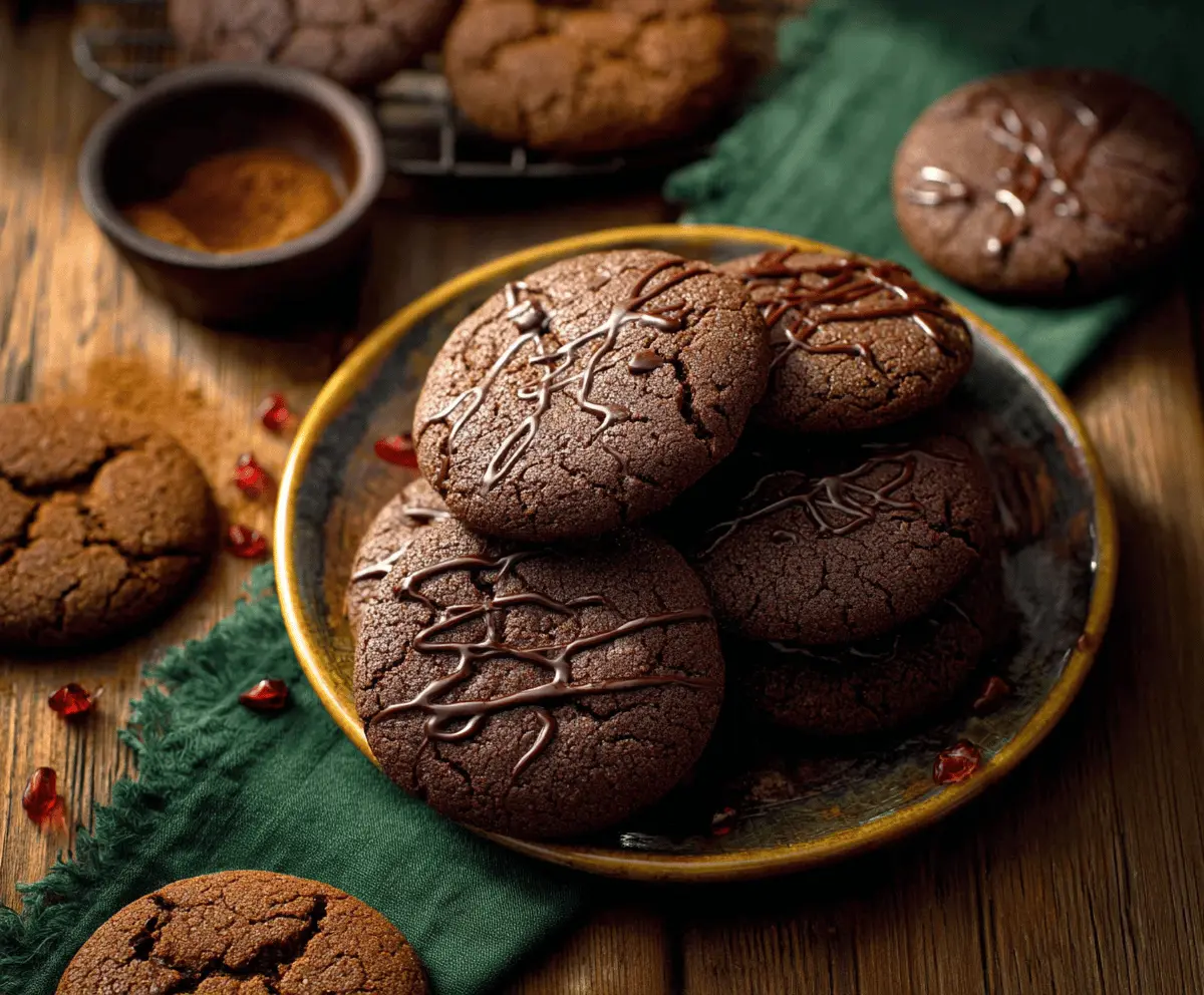 Delicious chocolate gingerbread cookies with festive holiday decorations