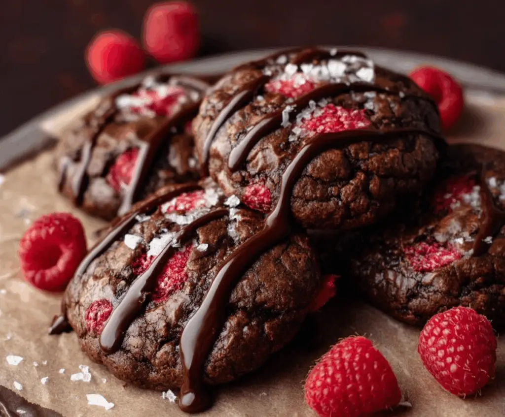 Delicious chocolate raspberry cookies fresh out of the oven, showcasing a rich chocolate exterior with vibrant raspberry swirls.
