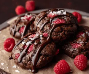 Delicious chocolate raspberry cookies fresh out of the oven, showcasing a rich chocolate exterior with vibrant raspberry swirls.