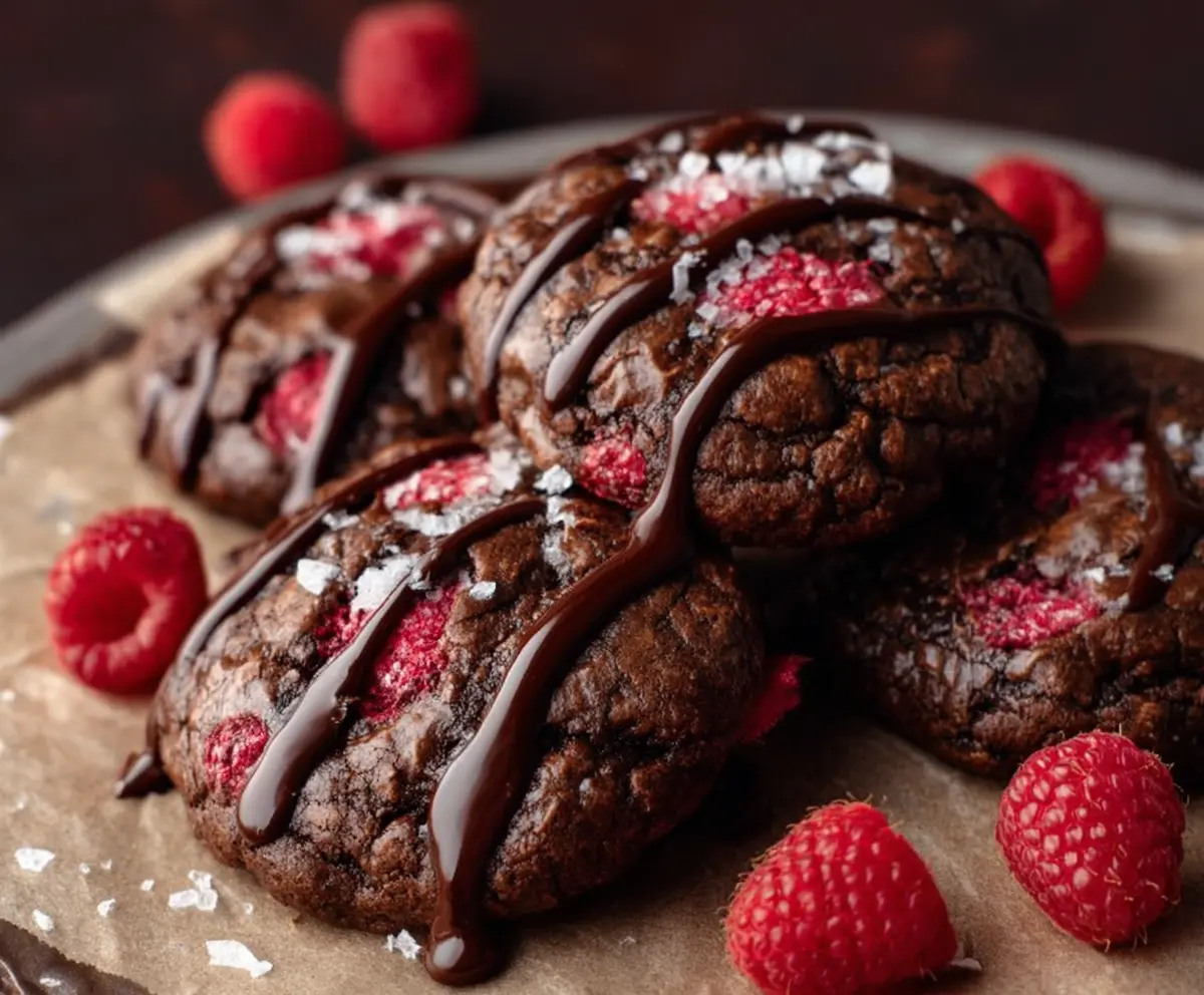Delicious chocolate raspberry cookies fresh out of the oven, showcasing a rich chocolate exterior with vibrant raspberry swirls.
