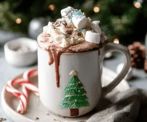 Warm and cozy Christmas hot chocolate topped with whipped cream and festive decorations