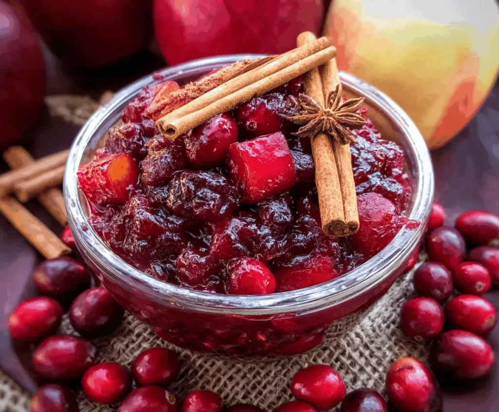 Delicious cinnamon apple cranberry sauce served in a bowl, perfect for holiday dinners.