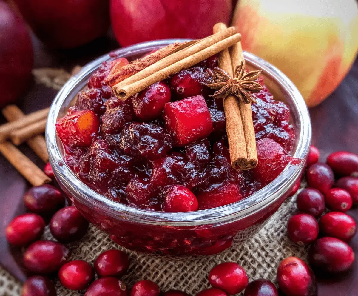 Delicious cinnamon apple cranberry sauce served in a bowl, perfect for holiday dinners.