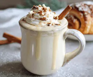 Creamy cinnamon bun white hot chocolate topped with whipped cream and cinnamon sprinkle.