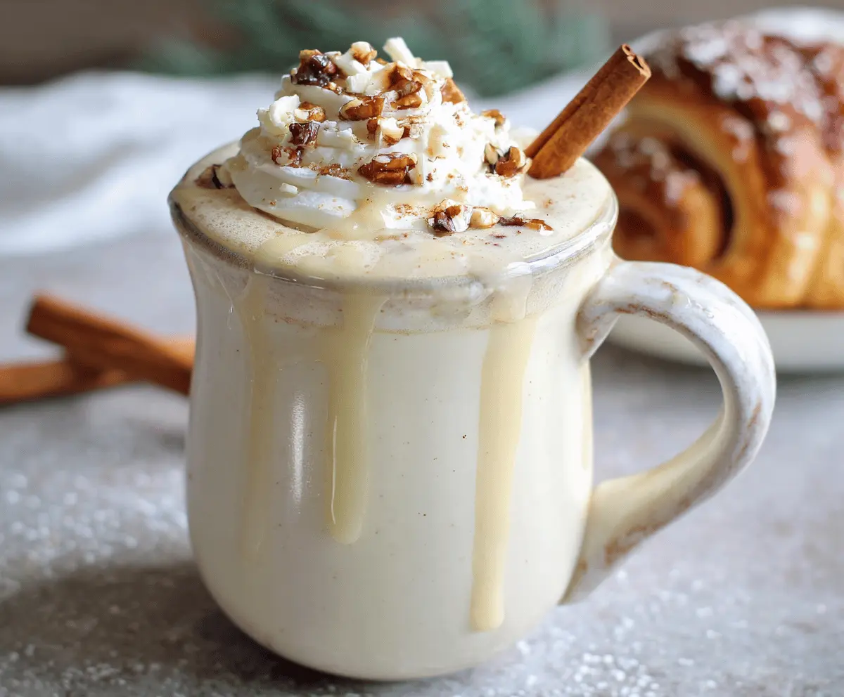 Creamy cinnamon bun white hot chocolate topped with whipped cream and cinnamon sprinkle.
