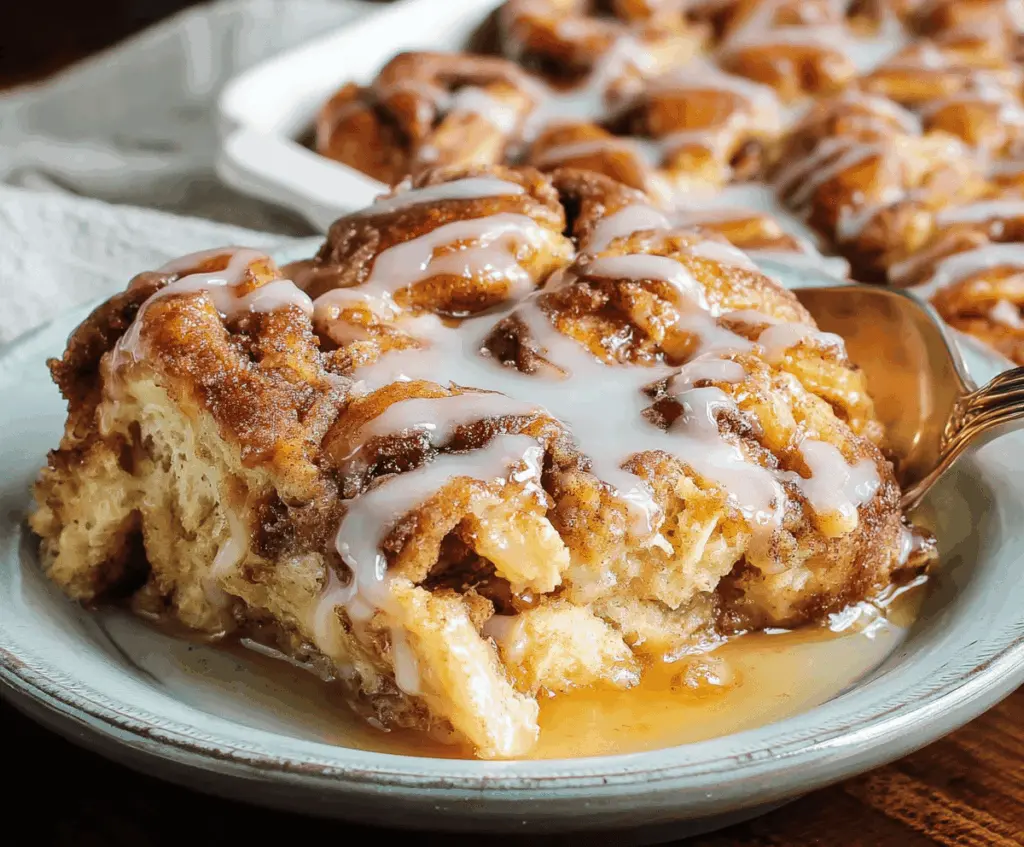 Delicious cinnamon roll casserole with swirls of cinnamon and creamy icing topping