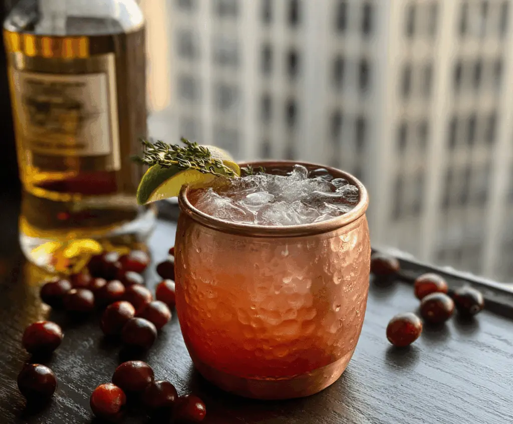 Refreshing Cranberry Bourbon Mule cocktail with fresh cranberries and lime in a glass