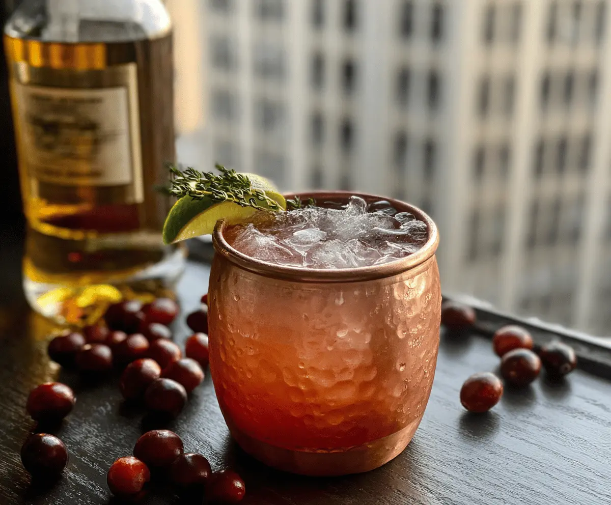 Refreshing Cranberry Bourbon Mule cocktail with fresh cranberries and lime in a glass