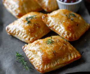 Delicious Cranberry Brie Mini Hand Pies with golden crust and festive filling on a white plate.