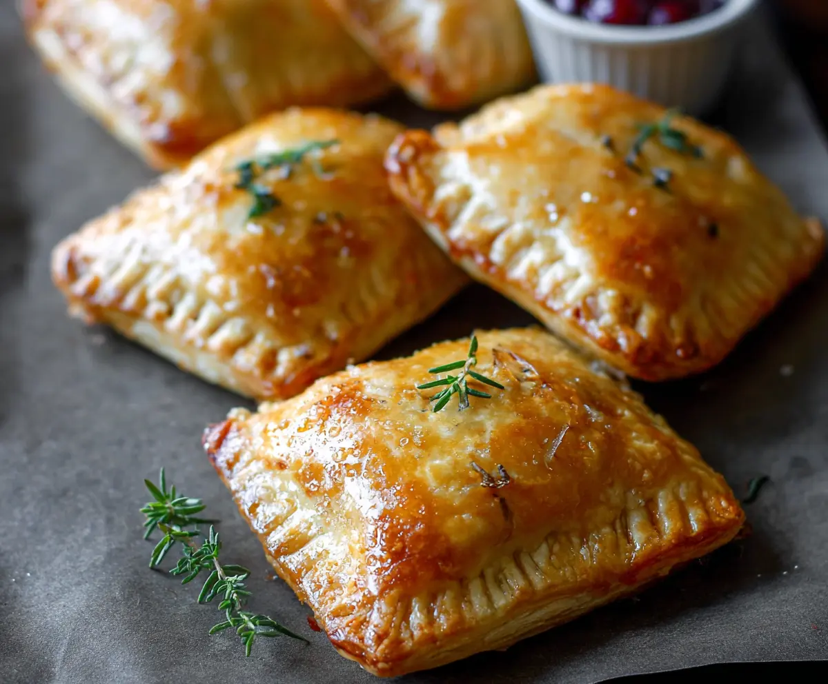 Delicious Cranberry Brie Mini Hand Pies with golden crust and festive filling on a white plate.