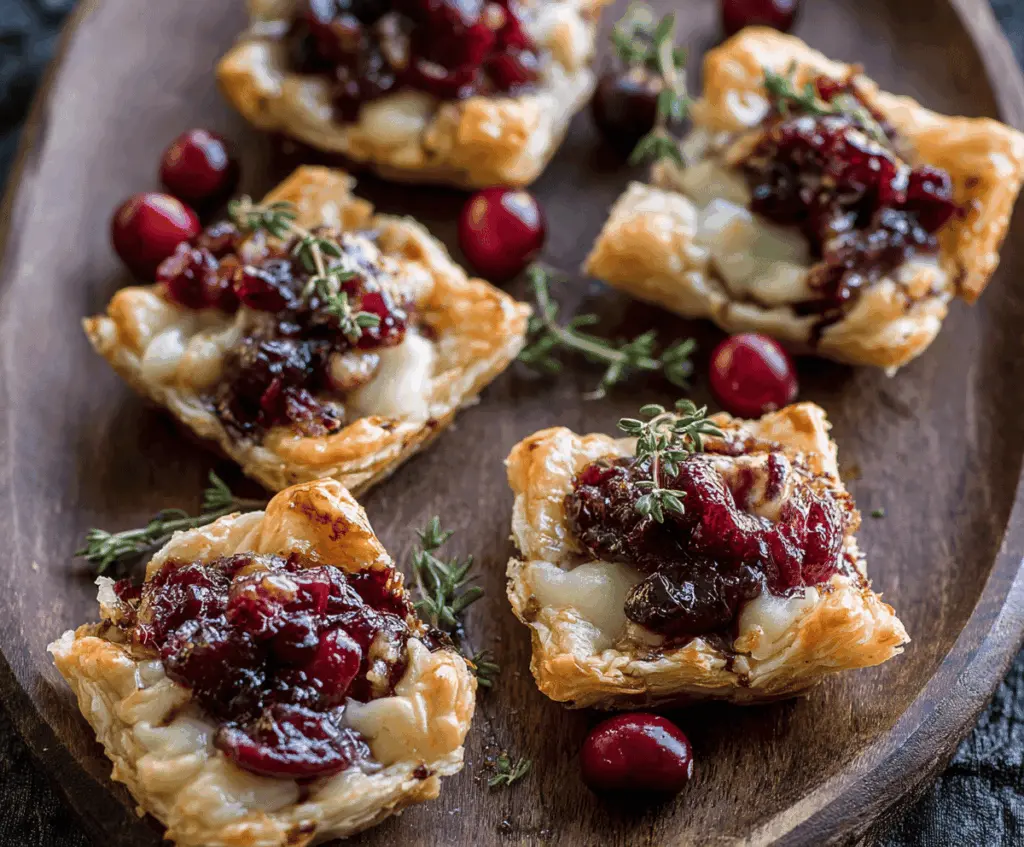 Delicious cranberry Brie tartlets garnished with fresh herbs, perfect as holiday appetizers