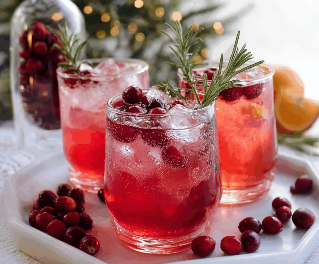 Refreshing Cranberry Gin Spritz cocktail garnished with fresh cranberries and mint, served in a tall glass.