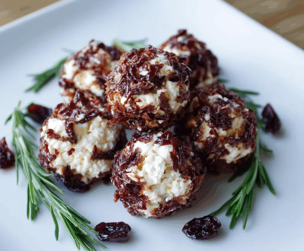 Cranberry Goat Cheese Balls served as a festive appetizer garnished with fresh herbs.
