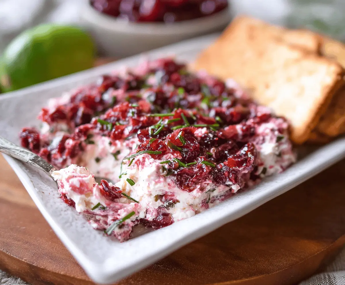 Creamy cranberry jalapeño dip with fresh herbs served with crackers, perfect for parties.