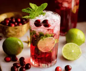 Refreshing Cranberry Mint Mojito cocktail with fresh mint and bright cranberries in a glass.
