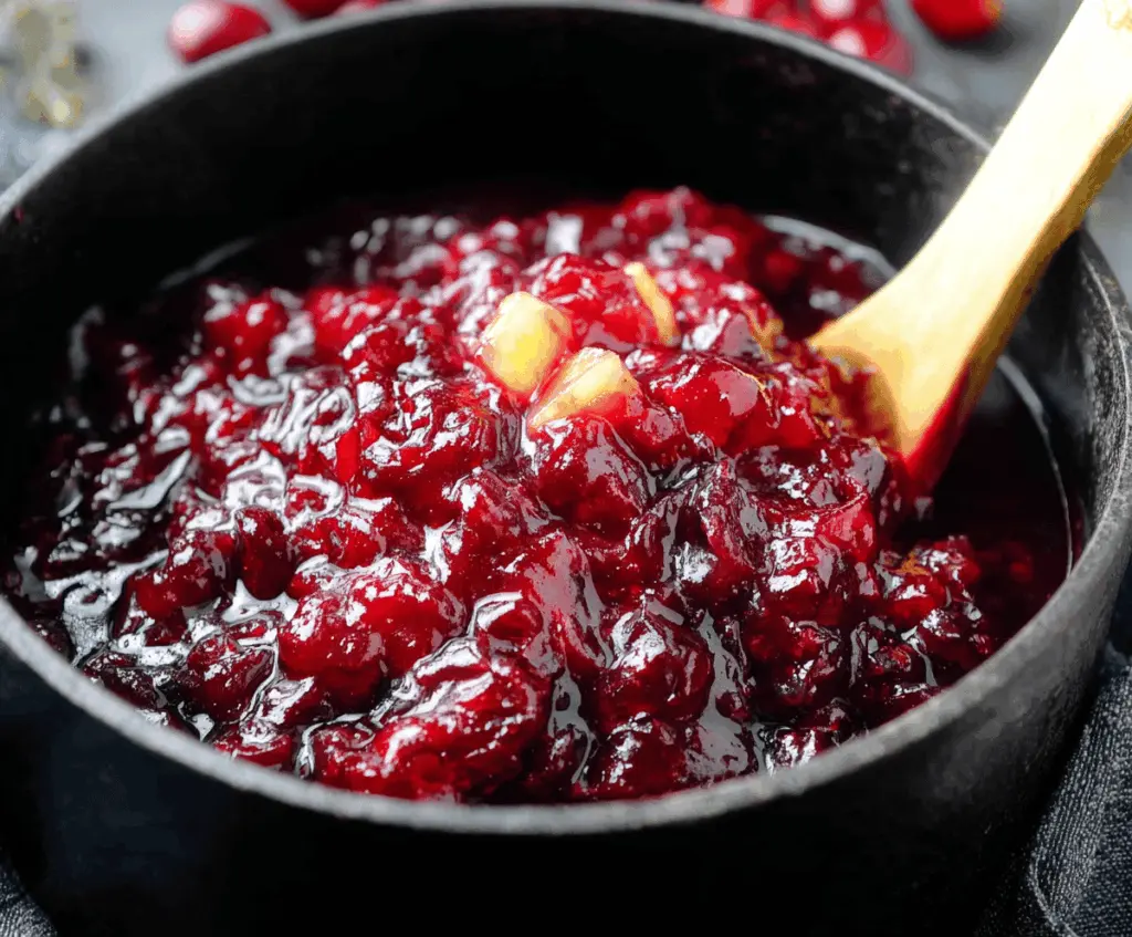 Vivid bowl of homemade cranberry pineapple sauce garnished with fresh cranberries and pineapple chunks for a festive holiday side.