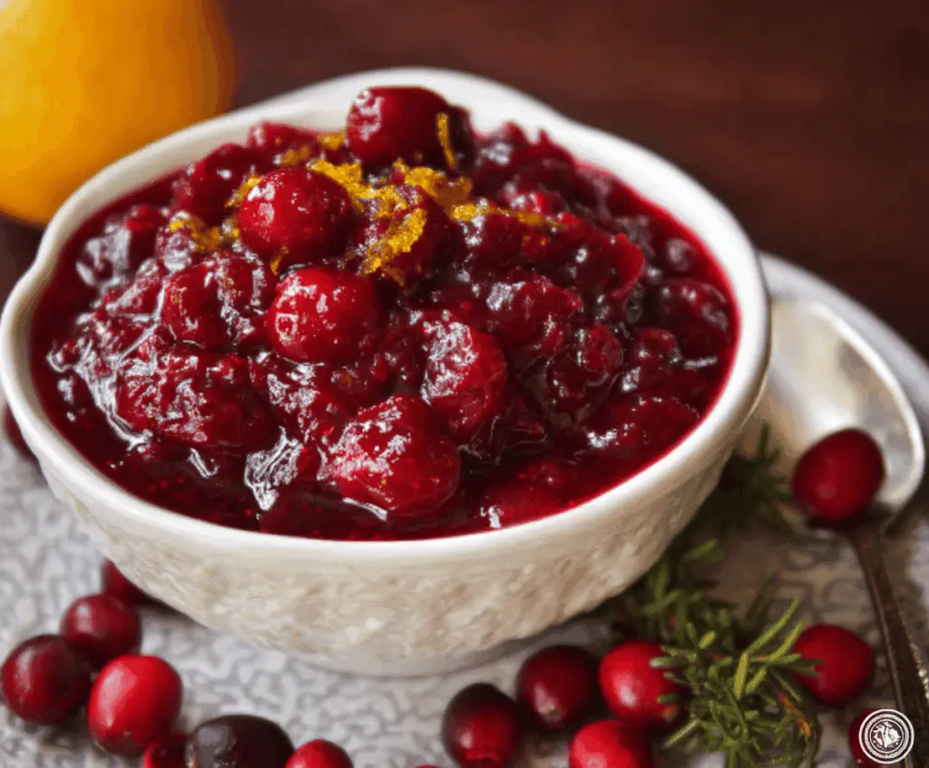 Delicious homemade cranberry sauce with orange marmalade served in a glass bowl.