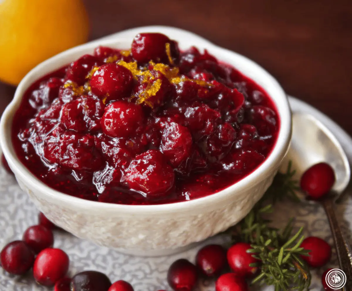 Delicious homemade cranberry sauce with orange marmalade served in a glass bowl.