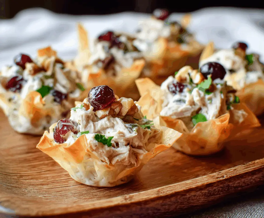 Delicious cranberry walnut chicken salad served in crispy phyllo cups, perfect for appetizers.