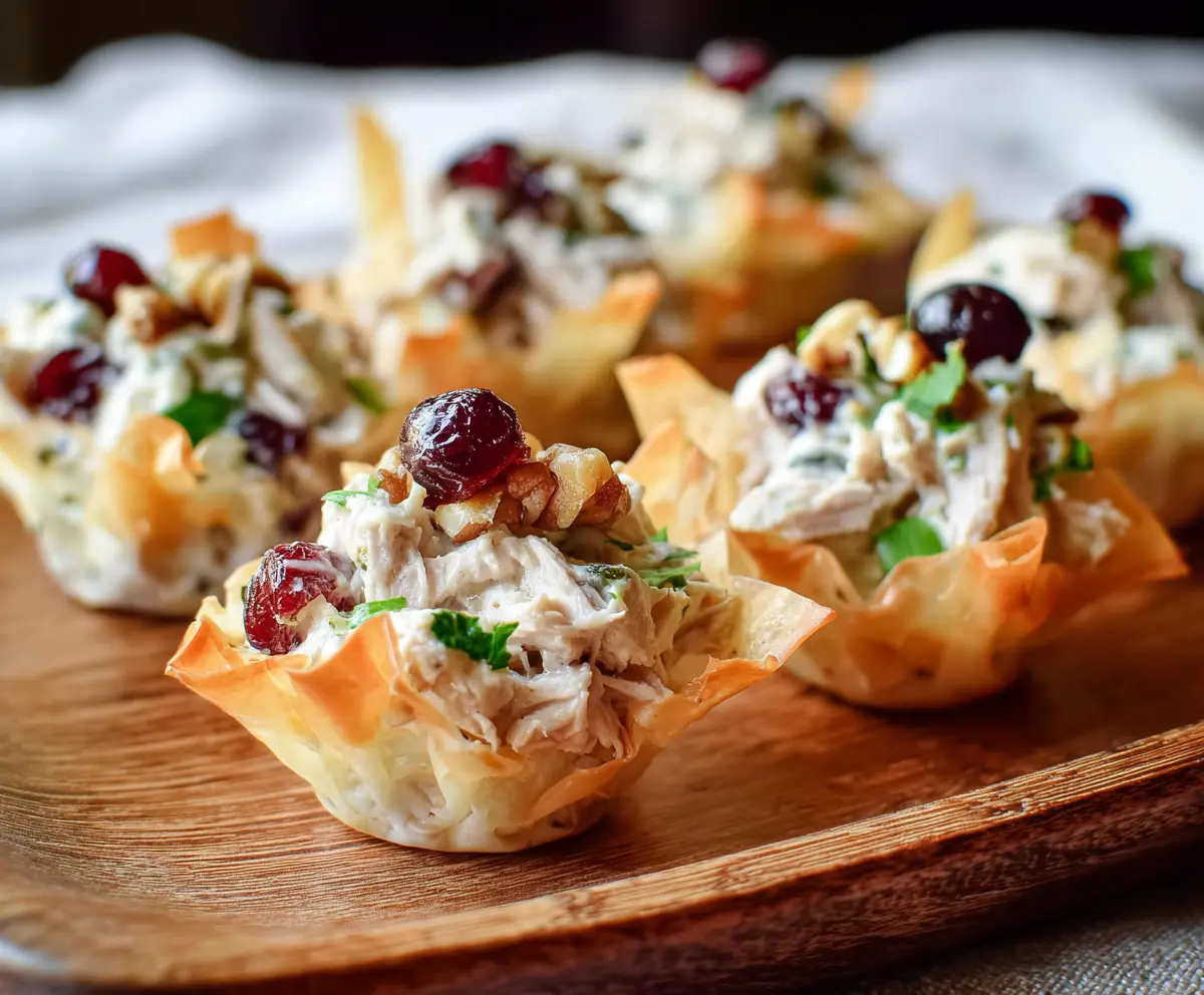 Delicious cranberry walnut chicken salad served in crispy phyllo cups, perfect for appetizers.