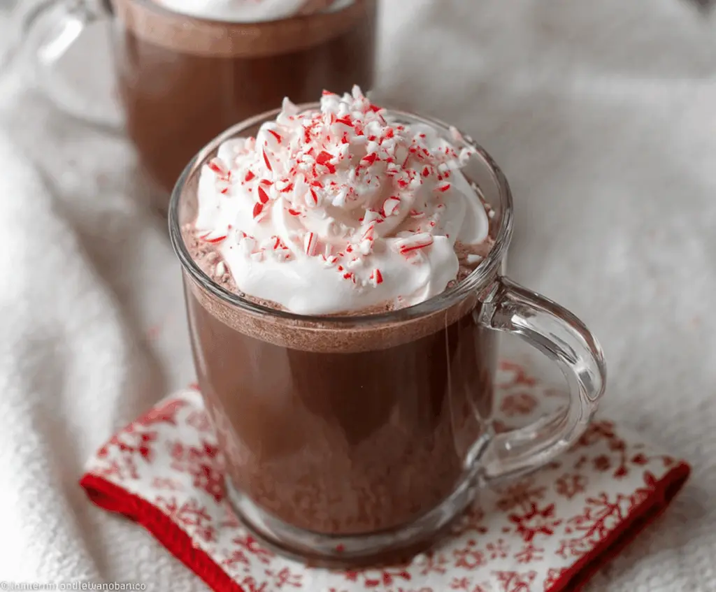 Creamy Crockpot Peppermint Hot Chocolate served in a mug with whipped cream and peppermint topping.