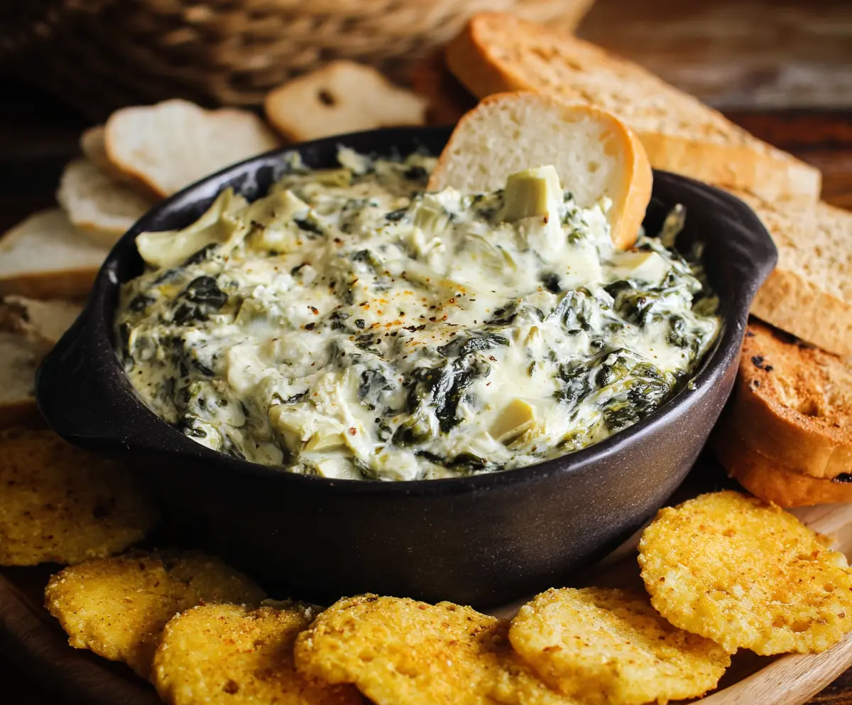 Creamy crockpot spinach artichoke dip served in a bowl, perfect for parties and gatherings.