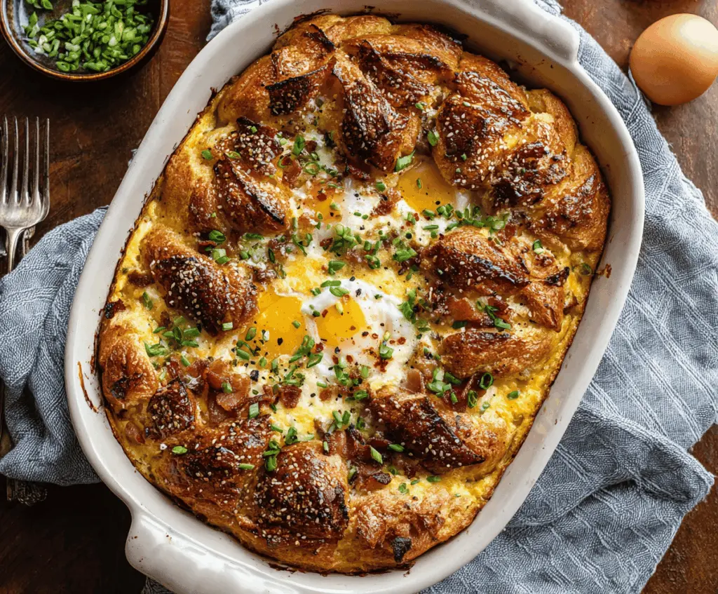 Delicious Croissant Breakfast Casserole with eggs, cheese, and fresh herbs ready to serve.