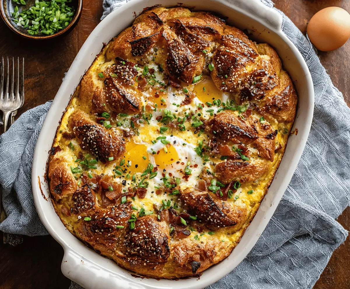 Delicious Croissant Breakfast Casserole with eggs, cheese, and fresh herbs ready to serve.