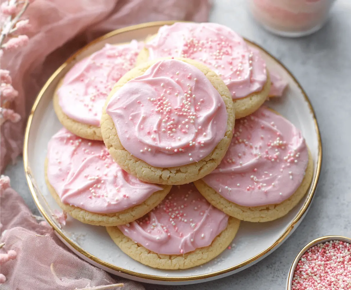 Delicious Crumbl Pink Chilled Sugar Cookies with smooth pink frosting and sprinkles.