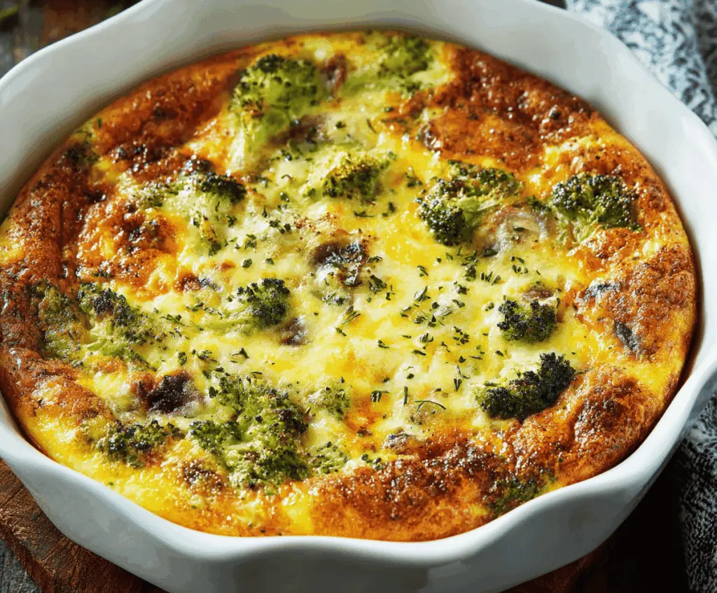 Delicious crustless quiche with fresh vegetables and melted cheese served on a white plate.