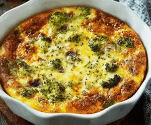 Delicious crustless quiche with fresh vegetables and melted cheese served on a white plate.