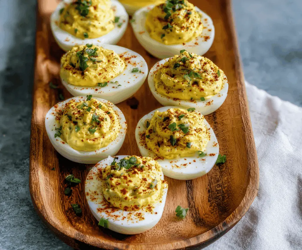 Delicious deviled eggs with a creamy mustard filling, perfect for appetizers and parties.