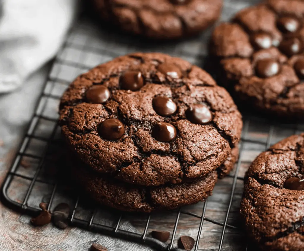 Delicious double chocolate chip cookies with melted chocolate chips on a baking tray.