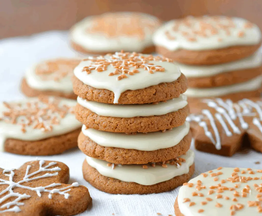 Decorative Eggnog Iced Gingerbread Cookies on a festive plate for holiday baking.