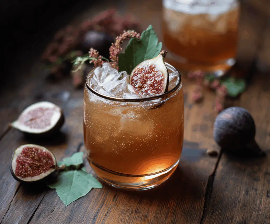 Refreshing Fig Bourbon Smash cocktail in a glass with fresh figs and bourbon