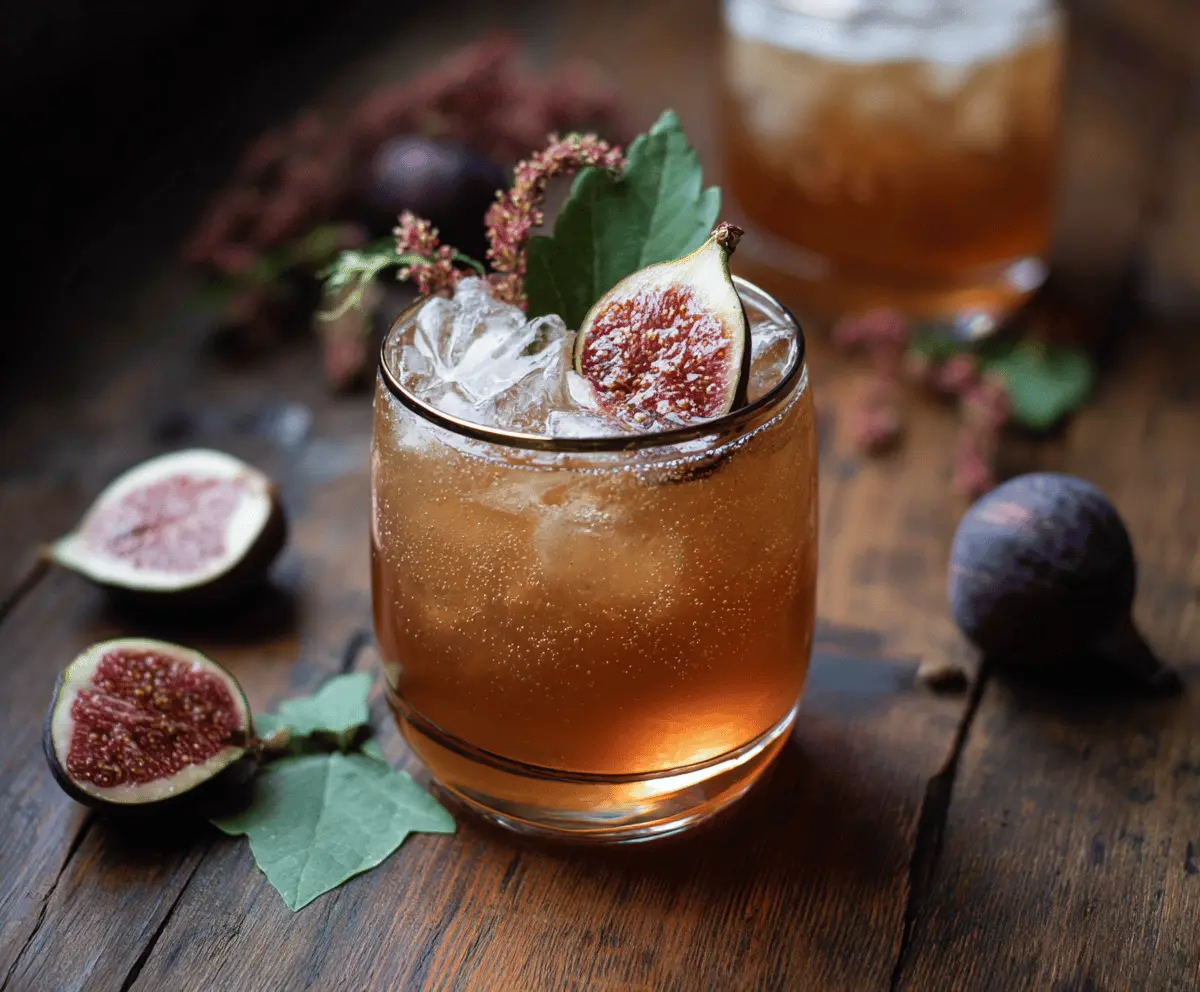 Refreshing Fig Bourbon Smash cocktail in a glass with fresh figs and bourbon