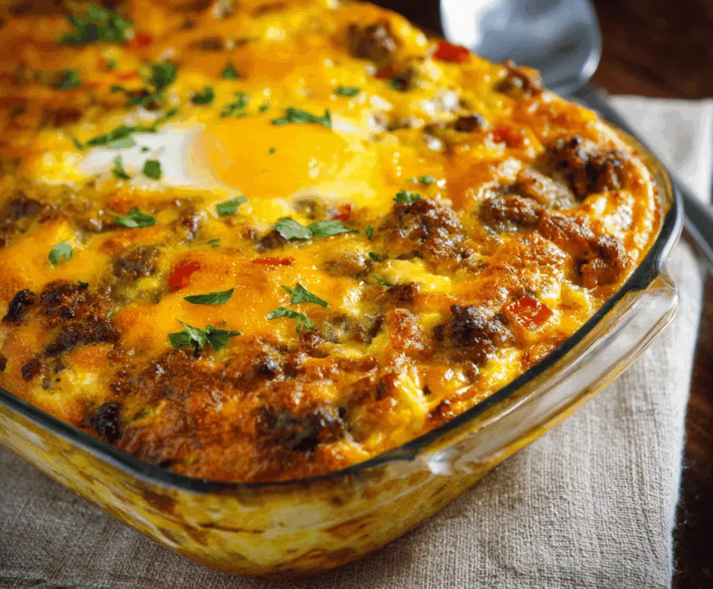 Delicious Firemans Breakfast Casserole with eggs, sausage, cheese, and vegetables in a baking dish.