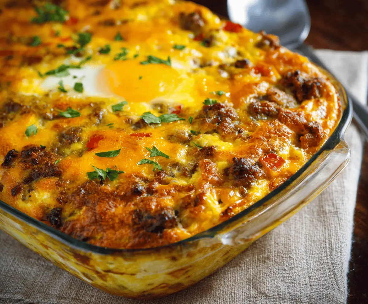 Delicious Firemans Breakfast Casserole with eggs, sausage, cheese, and vegetables in a baking dish.