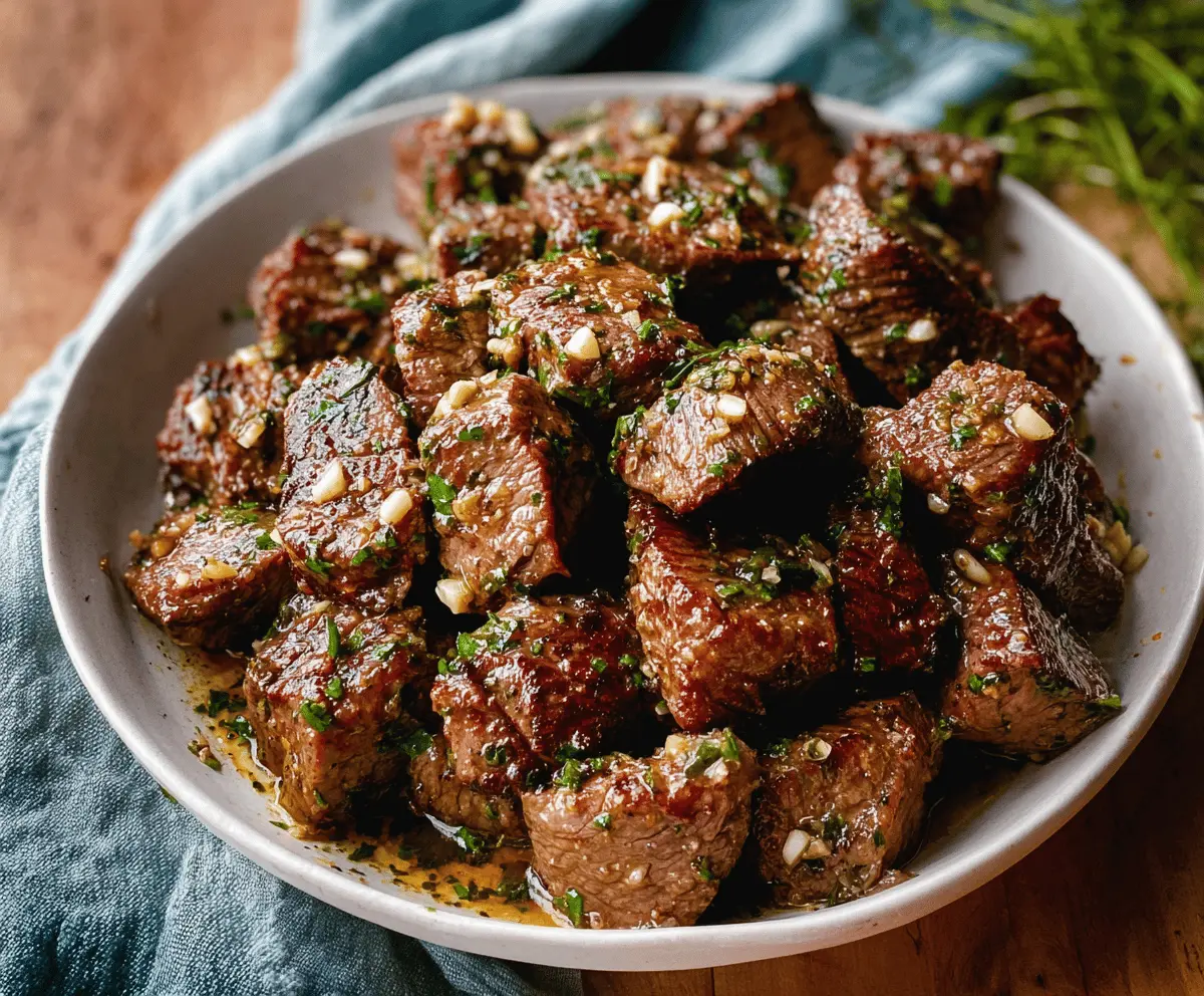 Juicy garlic butter steak bites served on a plate with fresh herbs