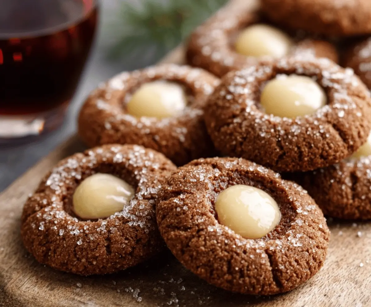 Delicious gingerbread thumbprint cookies with a festive holiday filling on a rustic plate.