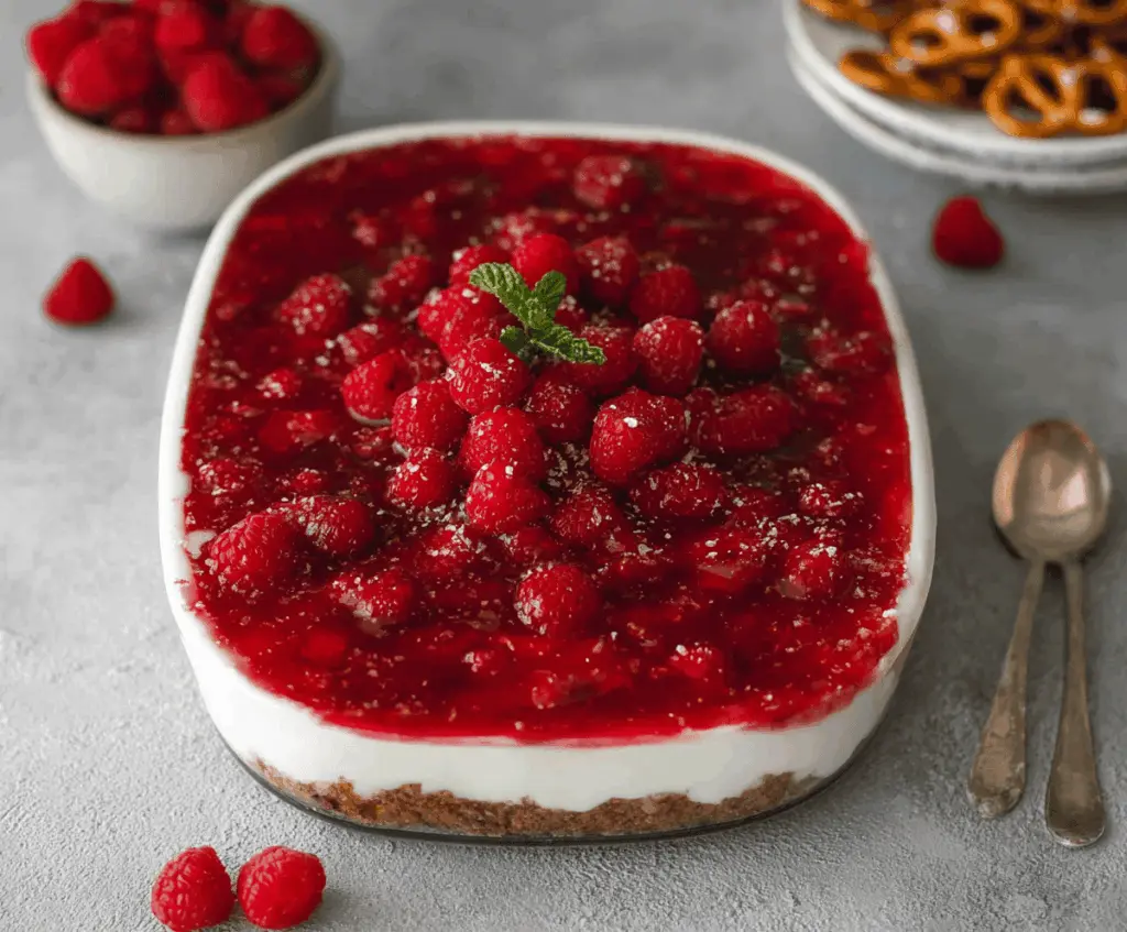 Delicious gluten-free raspberry pretzel salad with fresh raspberries and crunchy pretzels in a clear glass dish.