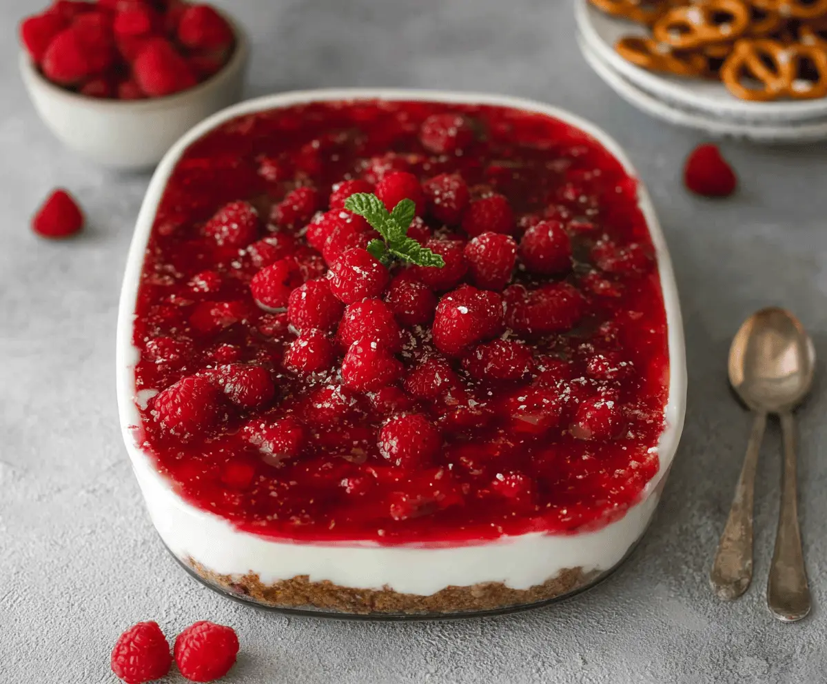 Delicious gluten-free raspberry pretzel salad with fresh raspberries and crunchy pretzels in a clear glass dish.