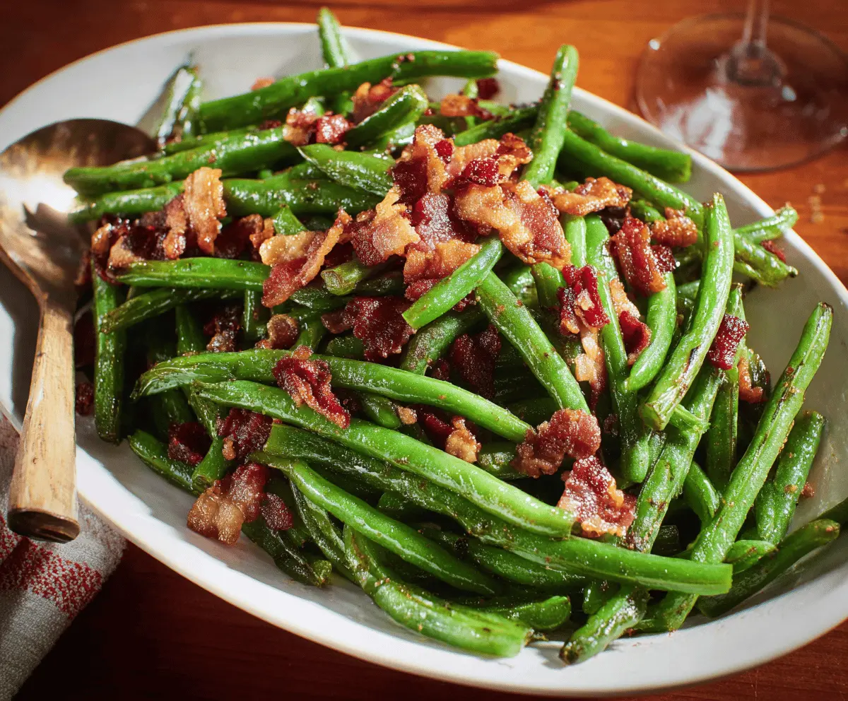 Delicious green beans cooked with crispy bacon, garnished with herbs for a flavorful side dish.