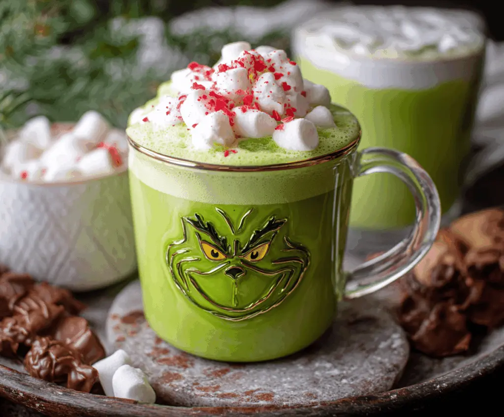Festive Grinch-themed hot chocolate in a mug with green and red decorations.